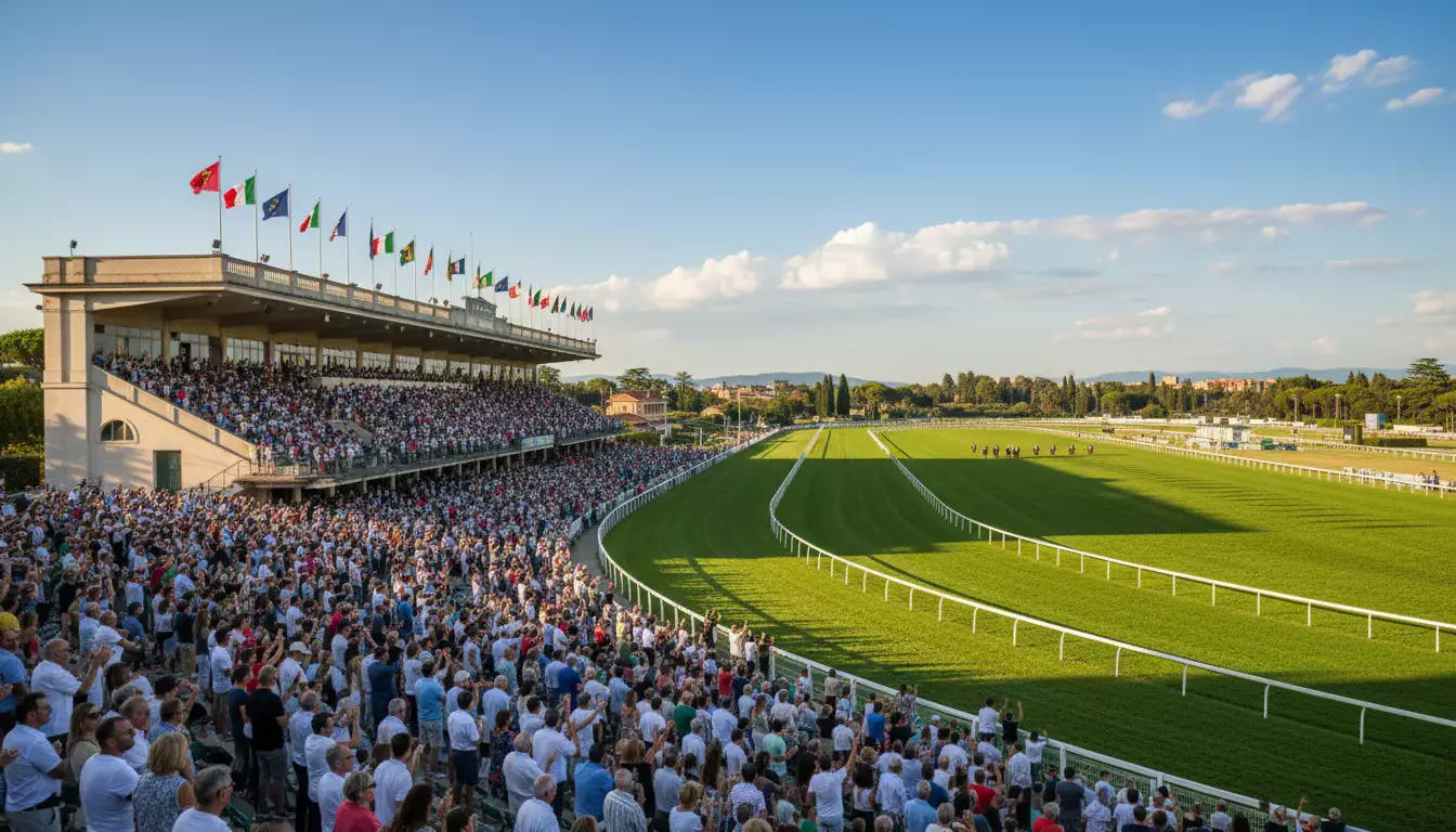 Vista panoramica di un ippodromo italiano con tribune e pista durante una giornata di corse