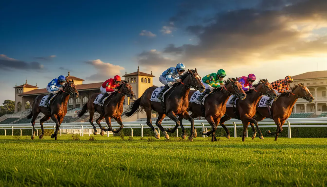 Corsa di cavalli al galoppo su pista in erba di un ippodromo italiano