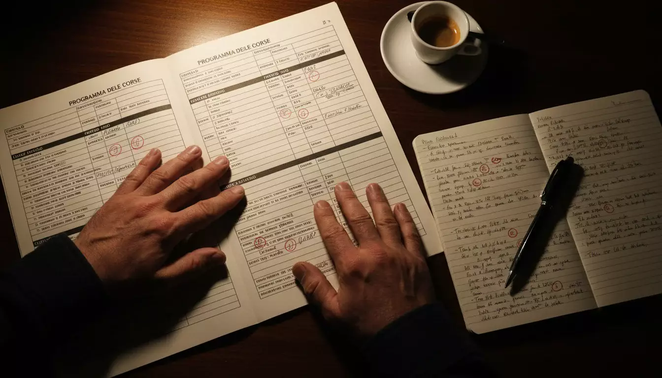 Scommettitore che studia il programma delle corse ippiche con appunti e analisi