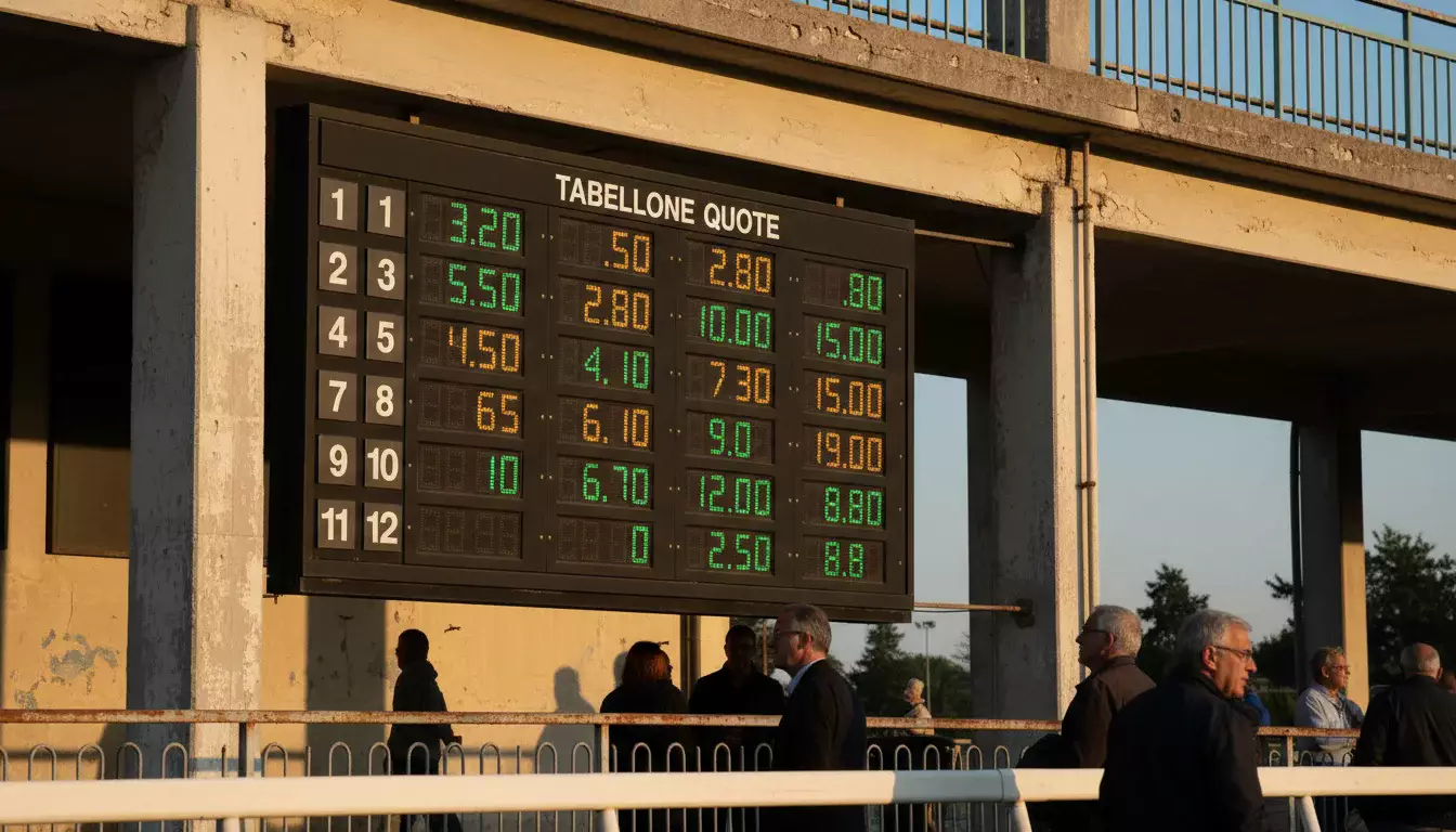 Tabellone quote ippiche con numeri dei cavalli partenti in un ippodromo