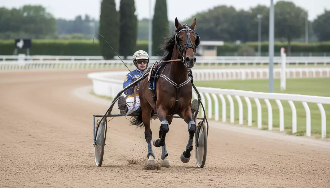 Driver su sulky durante una corsa al trotto in un ippodromo